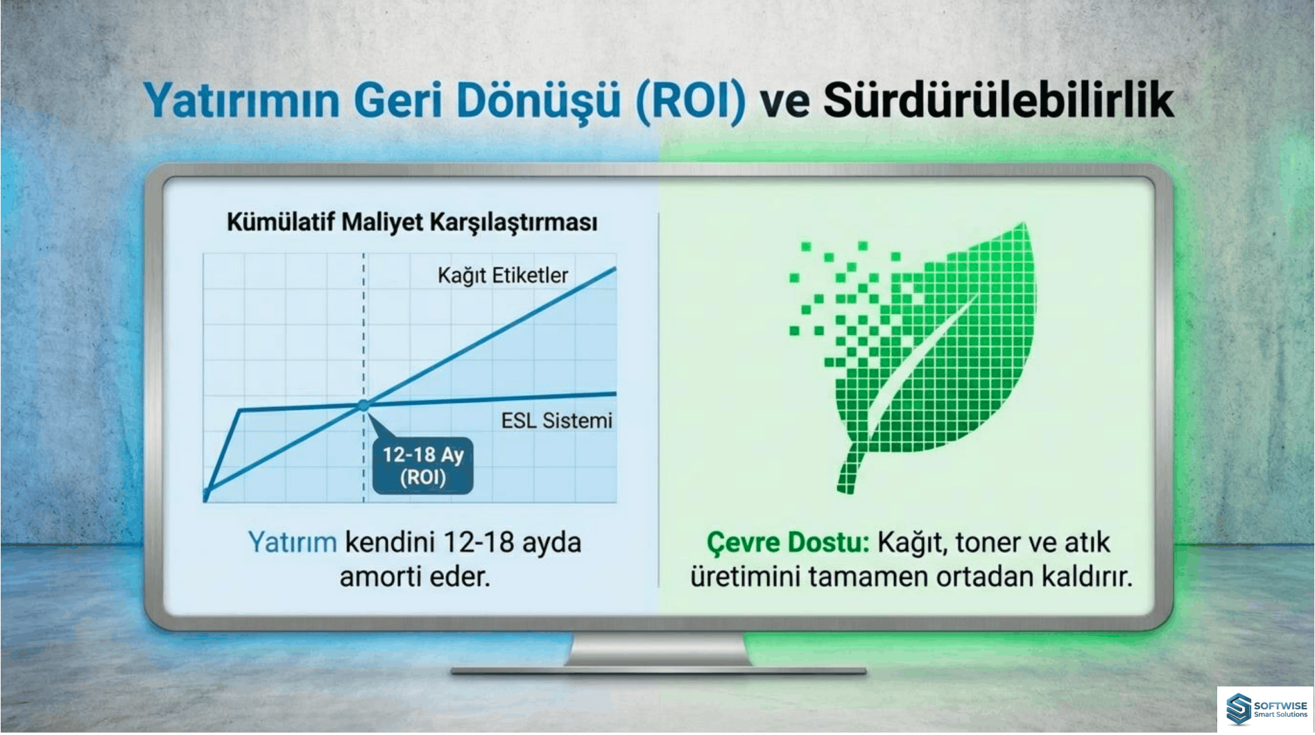 Elektronik raf etiketi yatırımının (ROI) maliyet grafiği.Kağıt, toner ve atık üretimini tamamen ortadan kaldırır.
